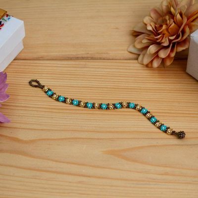 Alternate image for Handcrafted Glass Beaded Bracelet with Floral Motifs Turquoise Sparks