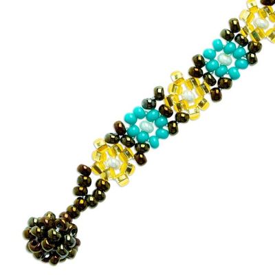 Alternate image for Handcrafted Glass Beaded Bracelet with Floral Motifs Turquoise Sparks