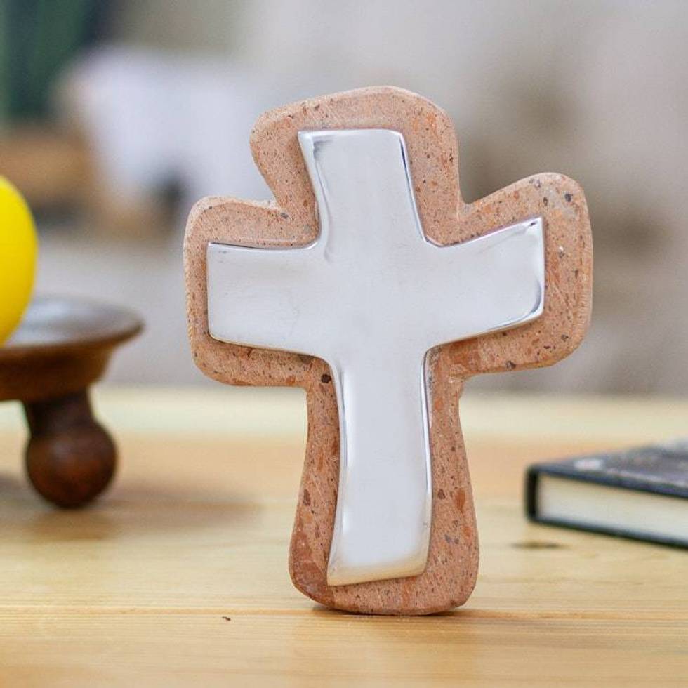 Handmade Pewter and Reclaimed Stone Wall Cross from Mexico 'Lithe Cross'