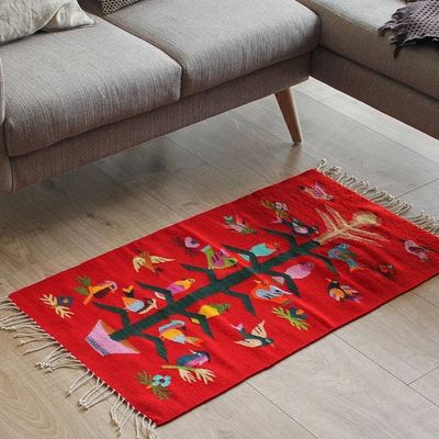 Primary image for Artisan Crafted Red Wool Area Rug with Birds 2x3.5 Scarlet Staff of Life