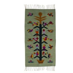 Image for Artisan Crafted Green Wool Area Rug with Birds 2x3.5 Verdant Staff of Life