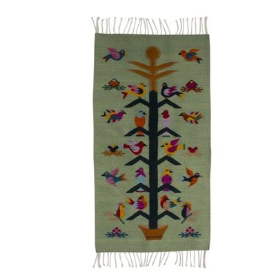 Image for Artisan Crafted Green Wool Area Rug with Birds 2x3.5 Verdant Staff of Life
