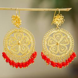 Image for Scarlet Beaded Gold Plated Chandelier Earrings Ornate Daisy