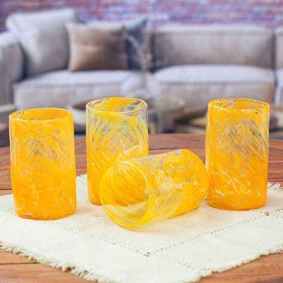 Alternate image for Set of 4 Orange Mexican Handblown Recycled Glass Tumblers Garden Relaxation in Mango