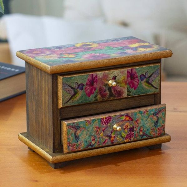 Alternate image for Decoupage on Pinewood Jewelry Box with Flowers Hummingbird Floral Hummingbirds