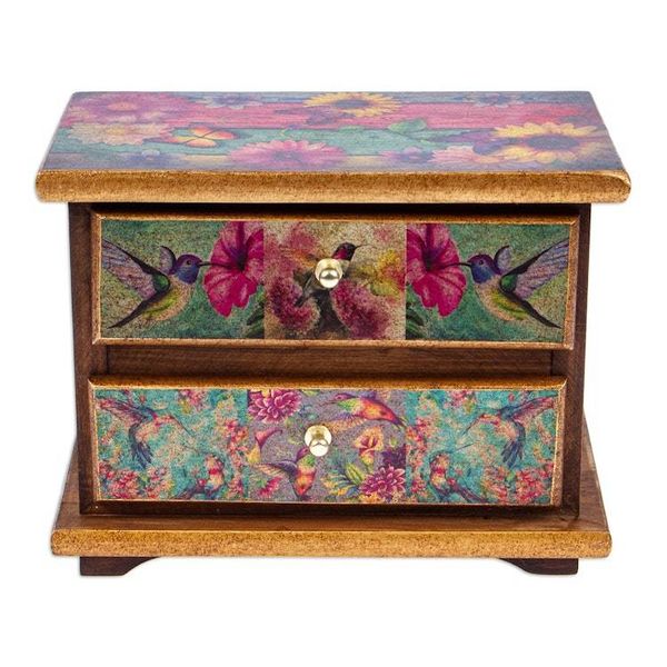 Alternate image for Decoupage on Pinewood Jewelry Box with Flowers Hummingbird Floral Hummingbirds