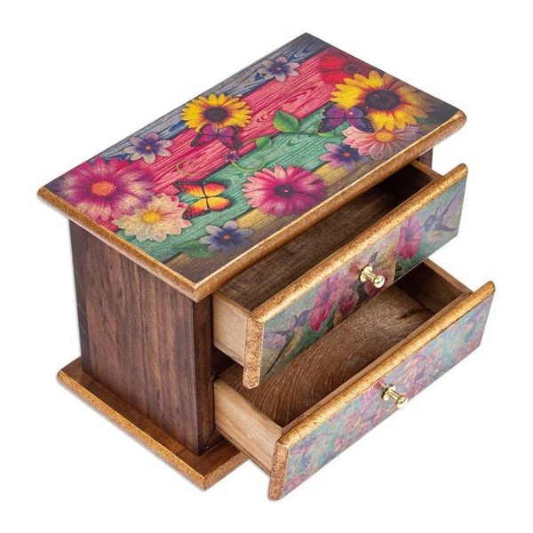Alternate image for Decoupage on Pinewood Jewelry Box with Flowers Hummingbird Floral Hummingbirds