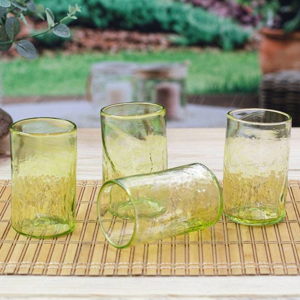 4 Hand Blown Eco-Friendly Recycled Glass Tumblers in Green 'Garden Relaxation in Lemon'