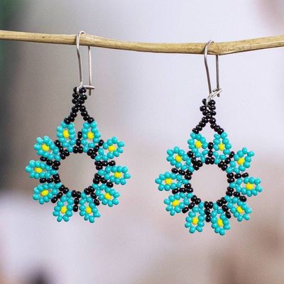 Primary image for Aqua Floral Beaded Dangle Earrings Handcrafted in Mexico Blooming Aqua
