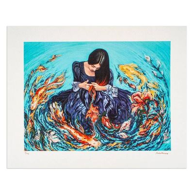 Primary image for Signed Stretched Surrealist Giclee Print of a Woman and Fish Aquatic Weaver