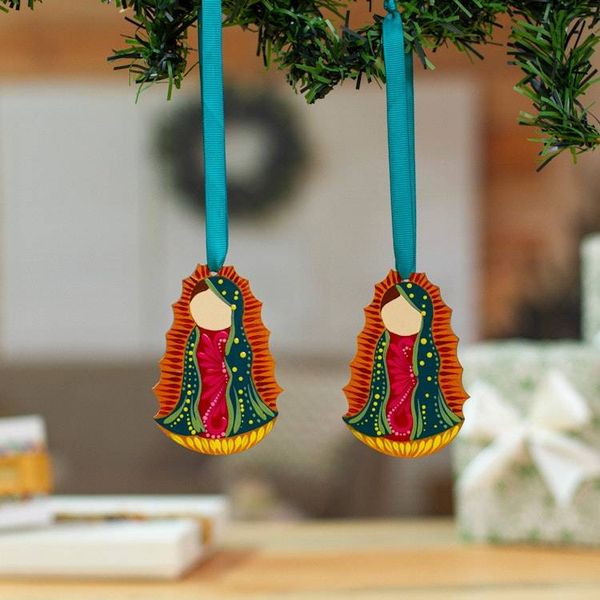 Alternate image for Pair of Hand-Painted Guadalupe Wood Ornaments from Mexico Merry Guadalupe