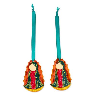 Alternate image for Pair of Hand-Painted Guadalupe Wood Ornaments from Mexico Merry Guadalupe