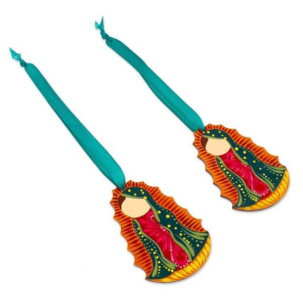 Alternate image for Pair of Hand-Painted Guadalupe Wood Ornaments from Mexico Merry Guadalupe
