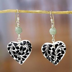 Image for Leafy Heart-Shaped Natural Agate and Ceramic Dangle Earrings Healing Hearts