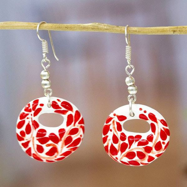 Alternate image for Handmade Romantic Red Ceramic Dangle Earrings from Mexico Leafy Love