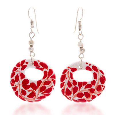 Alternate image for Handmade Romantic Red Ceramic Dangle Earrings from Mexico Leafy Love