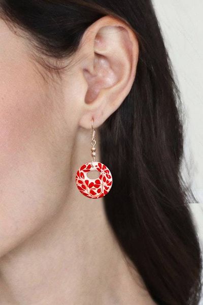 Alternate image for Handmade Romantic Red Ceramic Dangle Earrings from Mexico Leafy Love