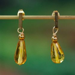 Image for High-Polished 14k Gold-Plated Natural Amber Dangle Earrings Promised Drops