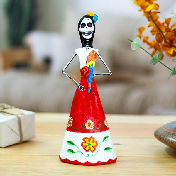 Alternate image for Handmade Papier Mache Catrina Sculpture with Macaw Catrina with Macaw