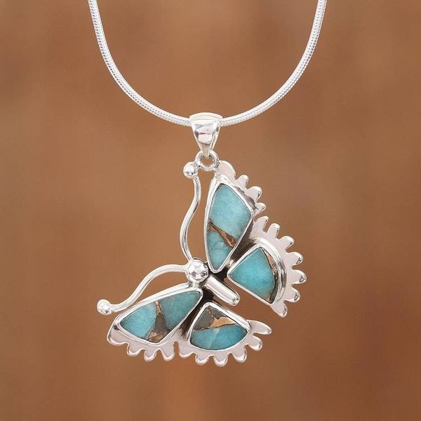 Alternate image for Composite Turquoise and Sterling Silver Butterfly Necklace Happiness Soars