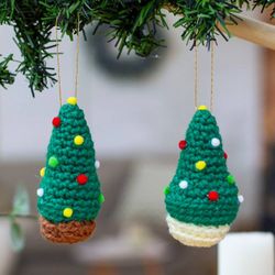 Image for Crocheted Christmas Tree Ornaments Pair Trimmed Trees
