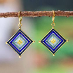 Image for 18k Gold-Plated Diamond-Shaped Woven Blue Dangle Earrings Blue Jewels