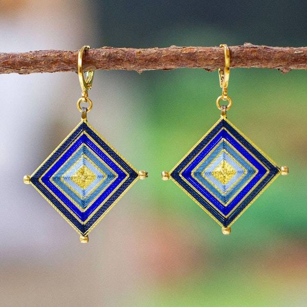 Alternate image for 18k Gold-Plated Diamond-Shaped Woven Blue Dangle Earrings Blue Jewels