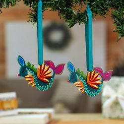 Image for Alebrije-Themed Hand-Painted Wood Seahorse Ornament Pair Whimsical Ocean