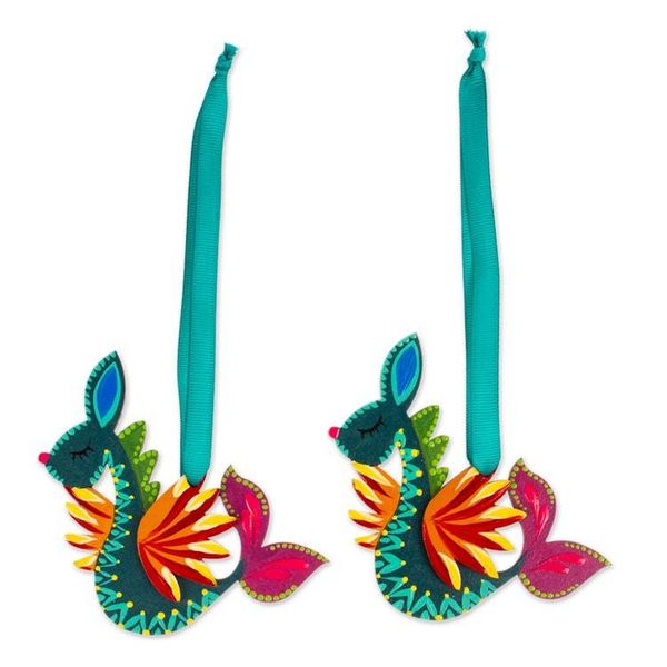 Alternate image for Alebrije-Themed Hand-Painted Wood Seahorse Ornament Pair Whimsical Ocean