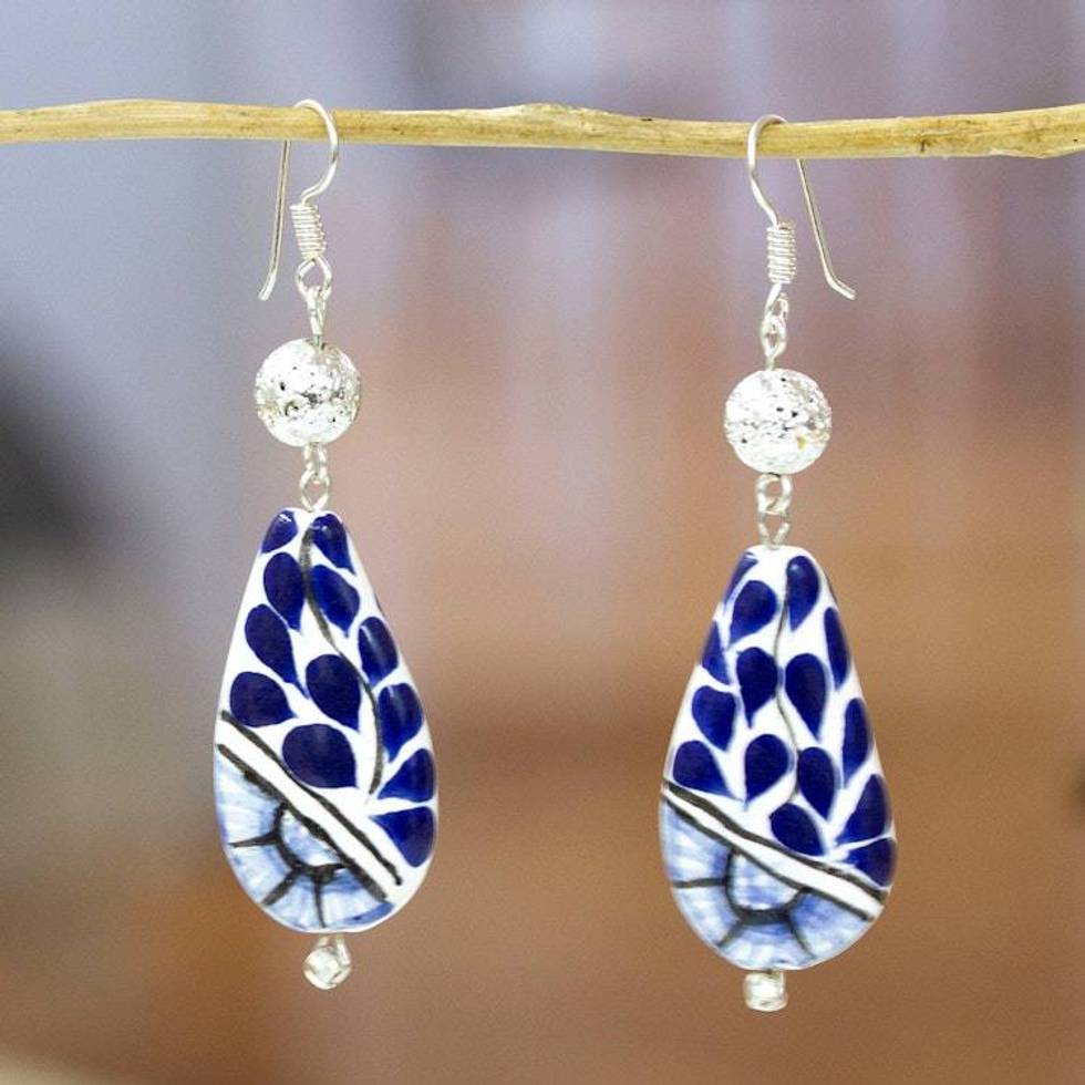 Floral Drop-Shaped Blue Ceramic Dangle Earrings from Mexico 'Primaveral Heaven'