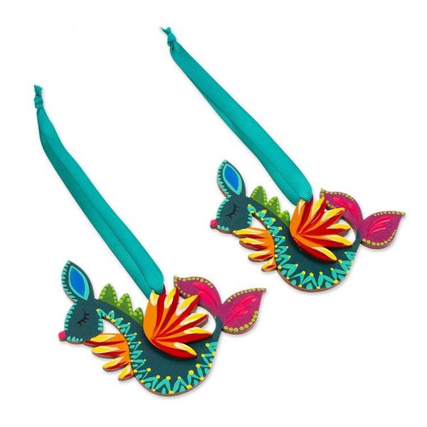 Alternate image for Alebrije-Themed Hand-Painted Wood Seahorse Ornament Pair Whimsical Ocean