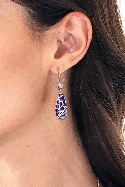Alternate image for Floral Drop-Shaped Blue Ceramic Dangle Earrings from Mexico Primaveral Heaven