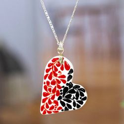 Image for Leafy Painted Red and Black Ceramic Heart Pendant Necklace Heart of Gardens