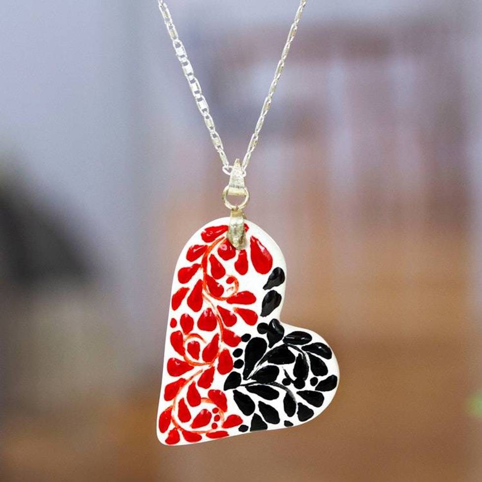 Leafy Painted Red and Black Ceramic Heart Pendant Necklace 'Heart of Gardens'