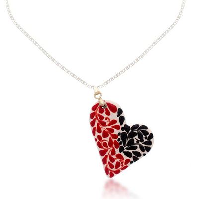 Alternate image for Leafy Painted Red and Black Ceramic Heart Pendant Necklace Heart of Gardens