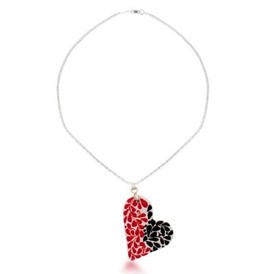 Alternate image for Leafy Painted Red and Black Ceramic Heart Pendant Necklace Heart of Gardens
