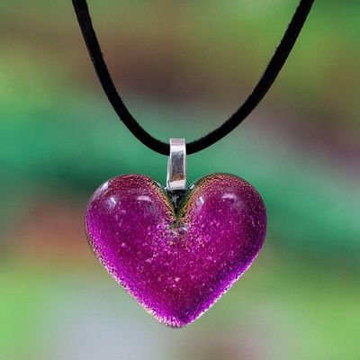 Alternate image for Heart-Themed Dichroic Glass Pendant Necklace in Fuchsia Heart of Fuchsia