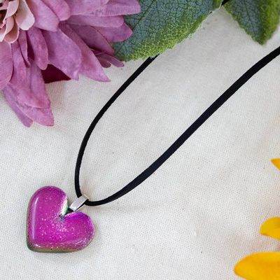 Alternate image for Heart-Themed Dichroic Glass Pendant Necklace in Fuchsia Heart of Fuchsia