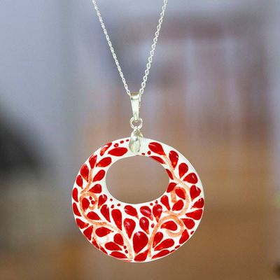 Primary image for Fair Trade Romantic Red Ceramic Pendant Necklace from Mexico Leafy Love