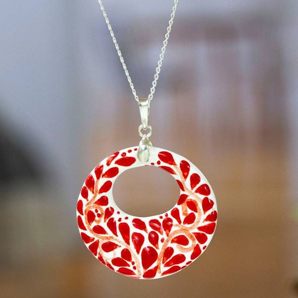 Alternate image for Fair Trade Romantic Red Ceramic Pendant Necklace from Mexico Leafy Love