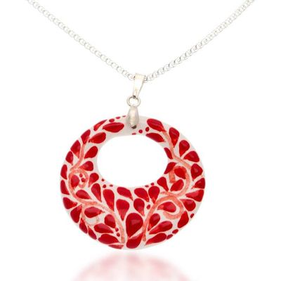 Alternate image for Fair Trade Romantic Red Ceramic Pendant Necklace from Mexico Leafy Love