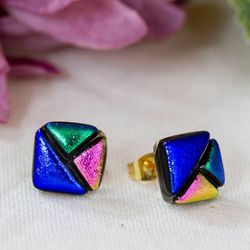 Image for Geometric Gold-Accented Dichroic Glass Mosaic Stud Earrings Geometric Fusion