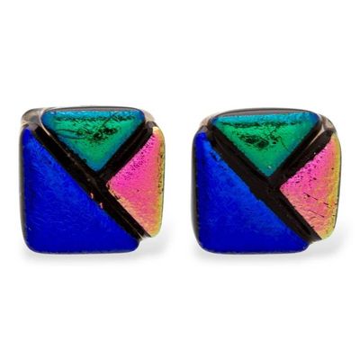 Alternate image for Geometric Gold-Accented Dichroic Glass Mosaic Stud Earrings Geometric Fusion