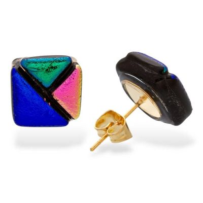 Alternate image for Geometric Gold-Accented Dichroic Glass Mosaic Stud Earrings Geometric Fusion