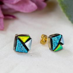 Image for Modern 18k Gold-Accented Dichroic Glass Mosaic Stud Earrings Modern Fusion