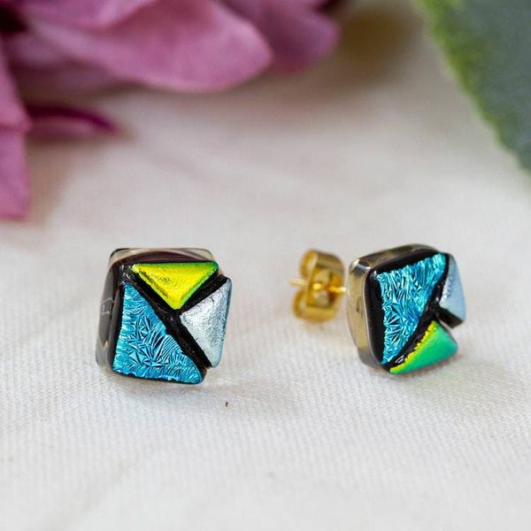 Alternate image for Modern 18k Gold-Accented Dichroic Glass Mosaic Stud Earrings Modern Fusion