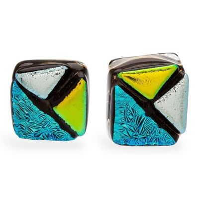 Alternate image for Modern 18k Gold-Accented Dichroic Glass Mosaic Stud Earrings Modern Fusion