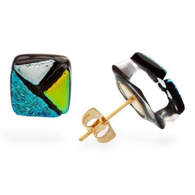 Alternate image for Modern 18k Gold-Accented Dichroic Glass Mosaic Stud Earrings Modern Fusion