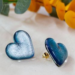 Image for Dichroic Glass Blue Gold-Accented Heart Button Earrings Heart of Silver