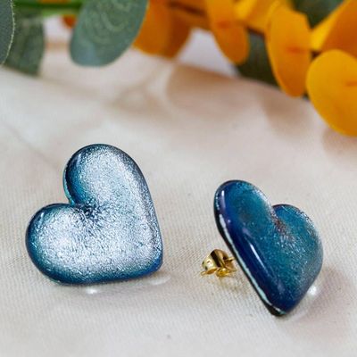 Primary image for Dichroic Glass Blue Gold-Accented Heart Button Earrings Heart of Silver